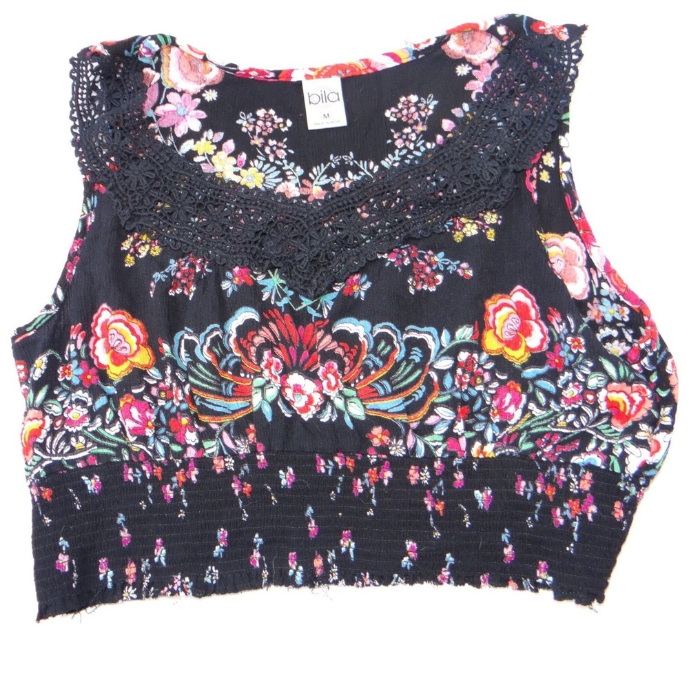 Bila Black Floral Crochet Neck Sleeveless Crop Top Womens Size‎ M